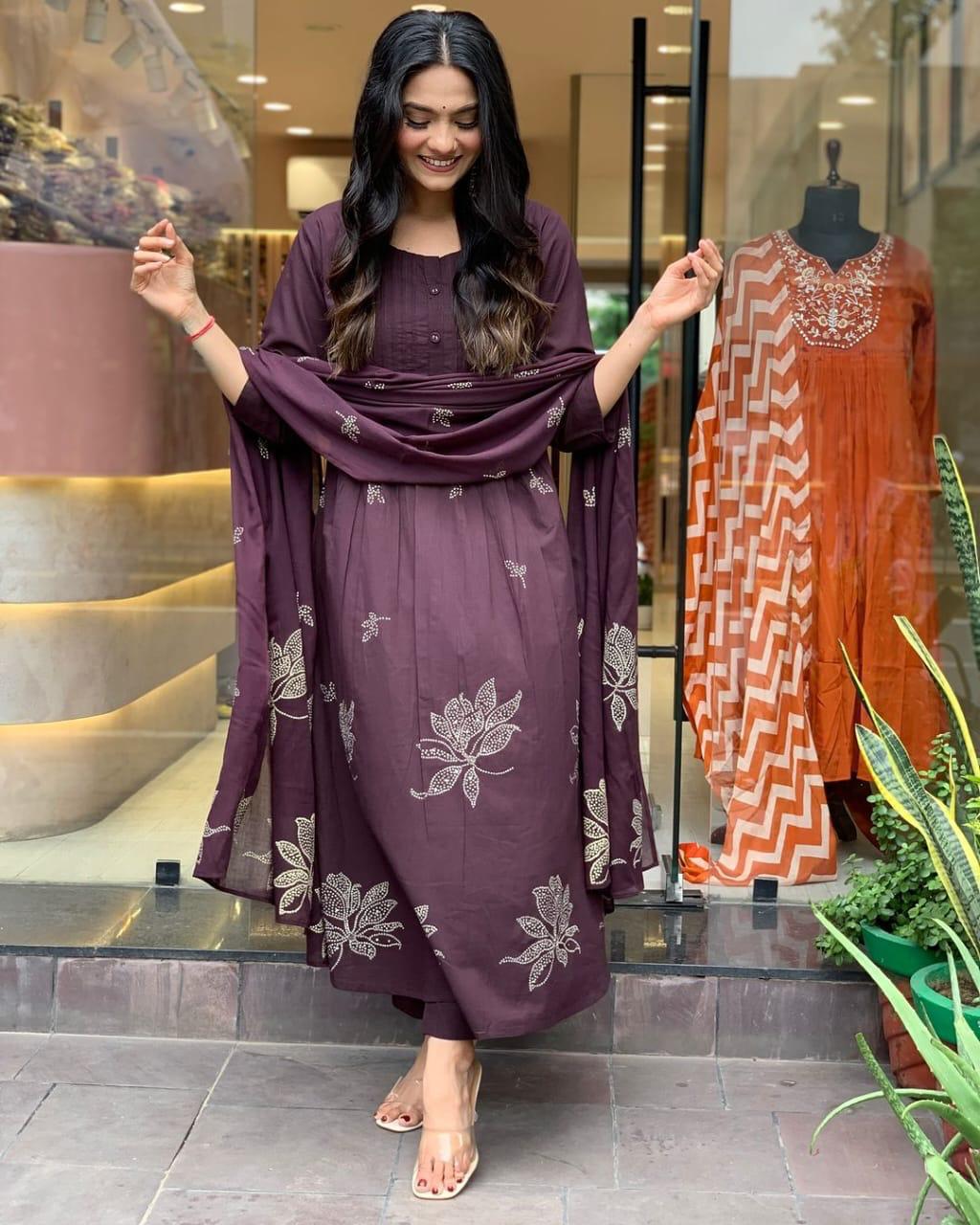 Women's Cotton Embroidery Floral Printed Long Straight Kurti With Pant And Dupatta Set