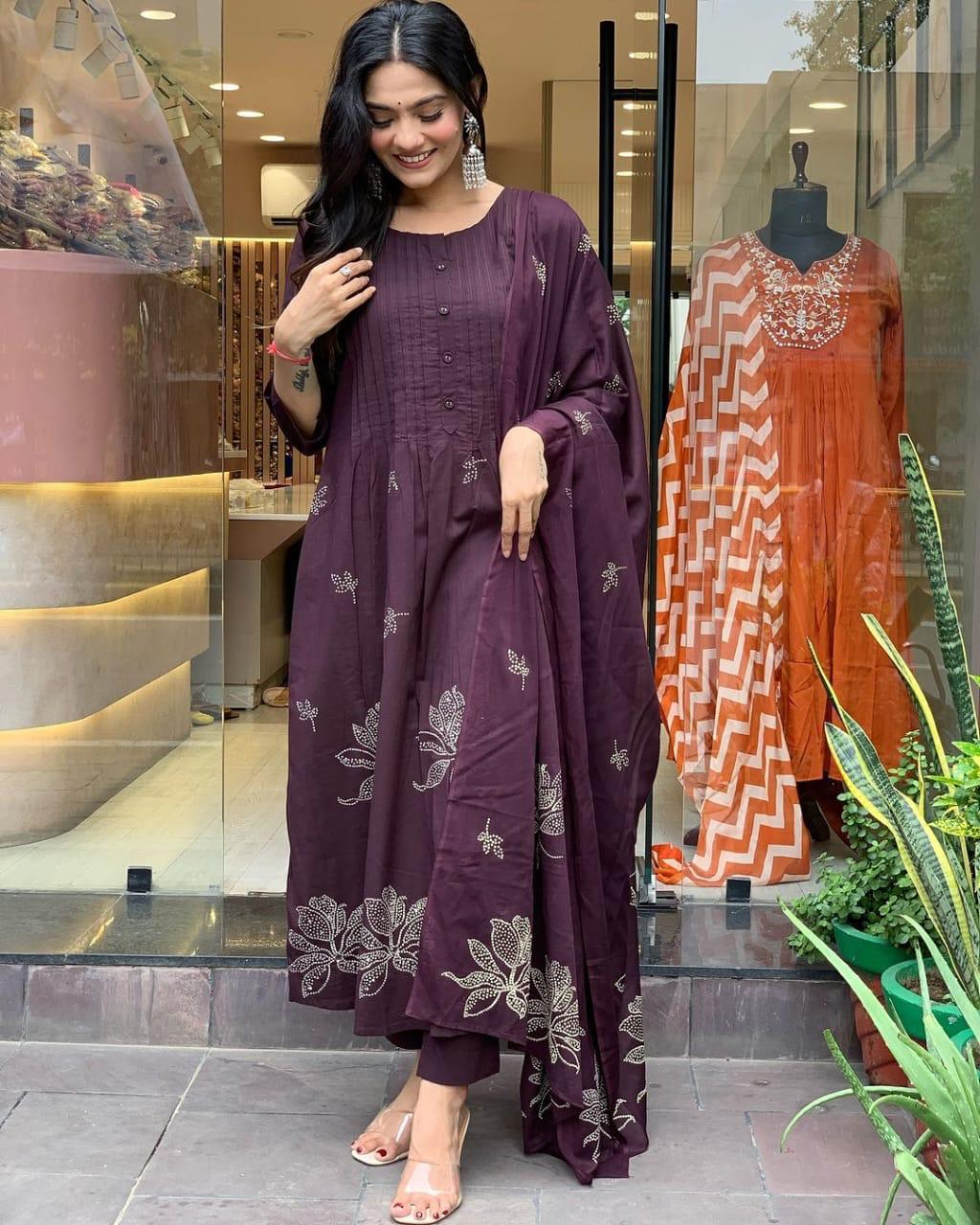 Women's Cotton Embroidery Floral Printed Long Straight Kurti With Pant And Dupatta Set