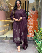 Women's Cotton Embroidery Floral Printed Long Straight Kurti With Pant And Dupatta Set