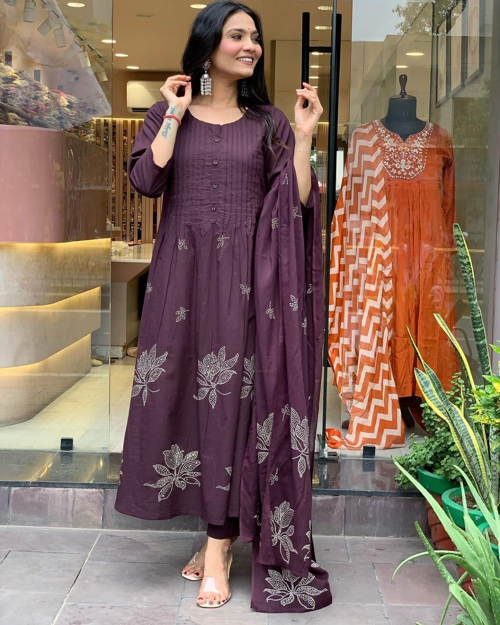 Women's Cotton Embroidery Floral Printed Long Straight Kurti With Pant And Dupatta Set
