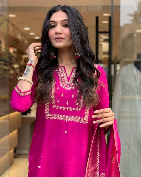 Women's Viscose Silk Heavy Embroidered Straight Kurta With Trouser & Banarasi Jacquard Dupatta Set
