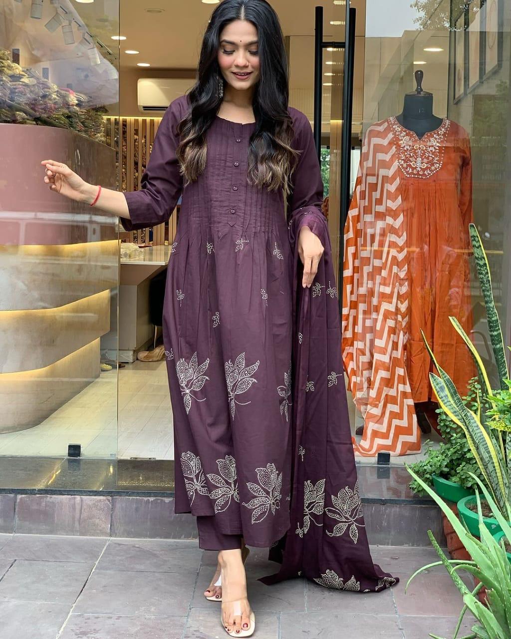 Women's Cotton Embroidery Floral Printed Long Straight Kurti With Pant And Dupatta Set