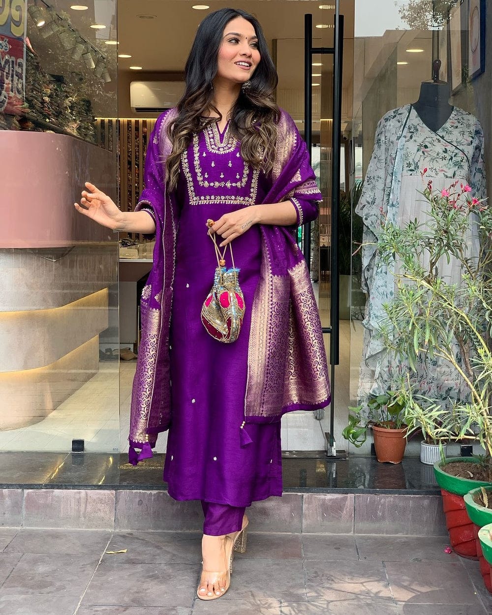 Women's Viscose Silk Heavy Embroidered Straight Kurta With Trouser & Banarasi Jacquard Dupatta Set
