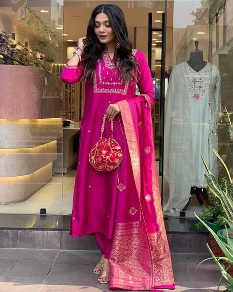 Women's Viscose Silk Heavy Embroidered Straight Kurta With Trouser & Banarasi Jacquard Dupatta Set
