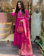 Women's Viscose Silk Heavy Embroidered Straight Kurta With Trouser & Banarasi Jacquard Dupatta Set