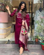 Women's Viscose Silk Heavy Embroidered Straight Kurta With Trouser & Banarasi Jacquard Dupatta Set