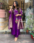 Women's Viscose Silk Heavy Embroidered Straight Kurta With Trouser & Banarasi Jacquard Dupatta Set