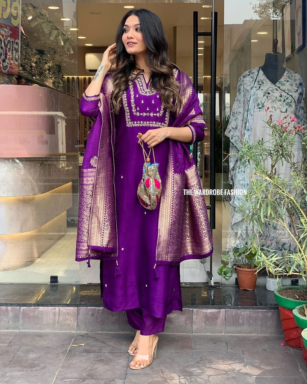 Women's Viscose Silk Heavy Embroidered Straight Kurta With Trouser & Banarasi Jacquard Dupatta Set