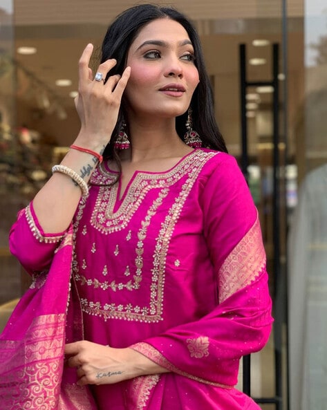 Women's Viscose Silk Heavy Embroidered Straight Kurta With Trouser & Banarasi Jacquard Dupatta Set