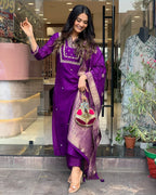 Women's Viscose Silk Heavy Embroidered Straight Kurta With Trouser & Banarasi Jacquard Dupatta Set