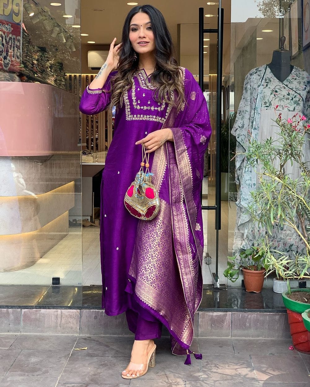 Women's Viscose Silk Heavy Embroidered Straight Kurta With Trouser & Banarasi Jacquard Dupatta Set