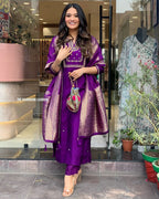 Women's Viscose Silk Heavy Embroidered Straight Kurta With Trouser & Banarasi Jacquard Dupatta Set