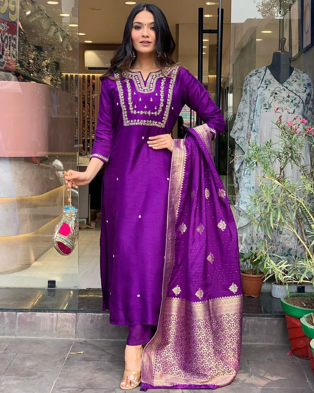 Women's Viscose Silk Heavy Embroidered Straight Kurta With Trouser & Banarasi Jacquard Dupatta Set