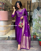 Women's Viscose Silk Heavy Embroidered Straight Kurta With Trouser & Banarasi Jacquard Dupatta Set