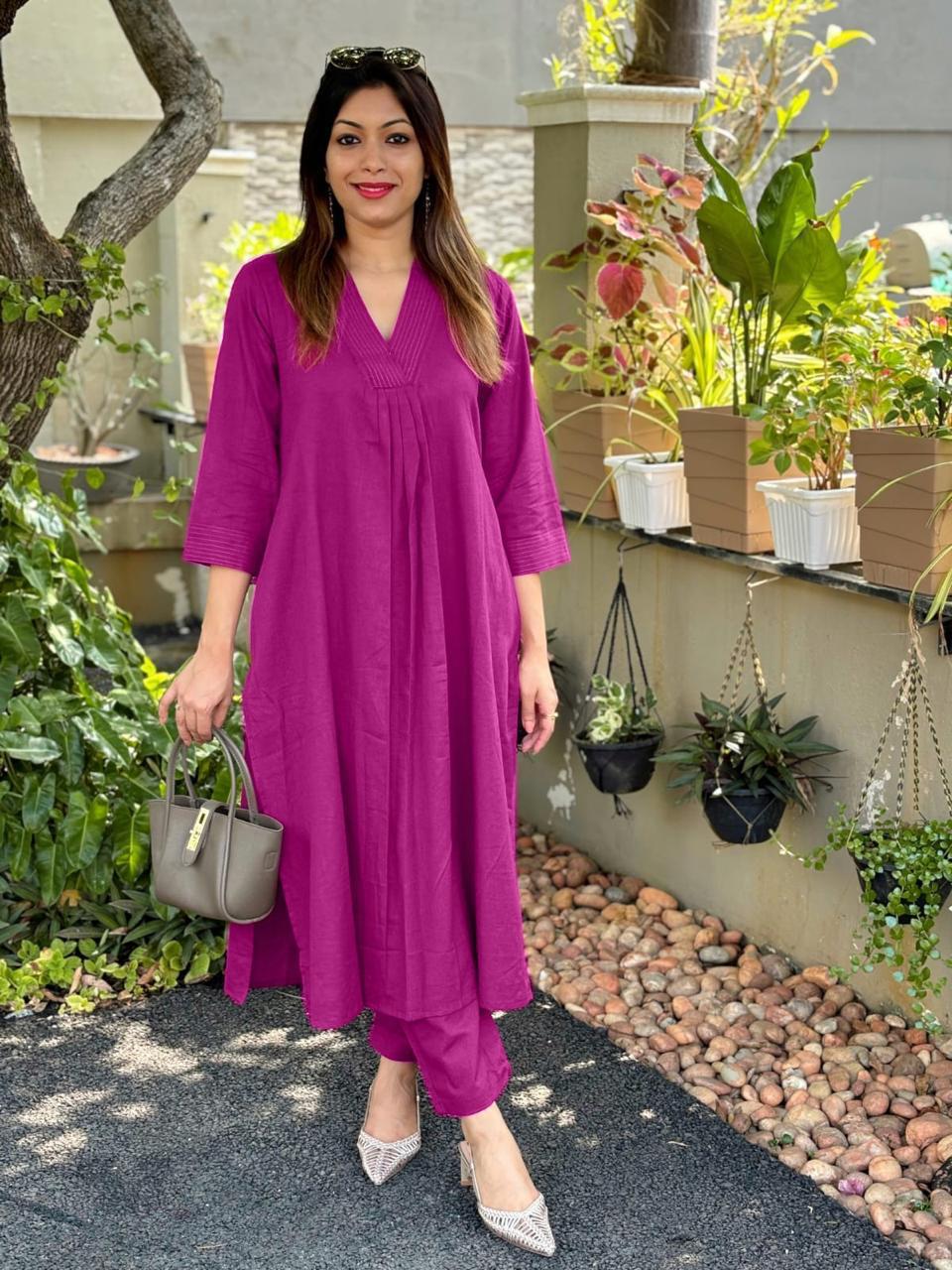 Women's Cotton Plain A-Line Straight Kurti With Pant