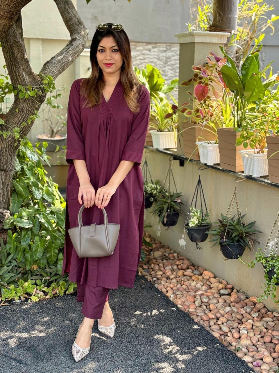 Women's Cotton Plain A-Line Straight Kurti With Pant