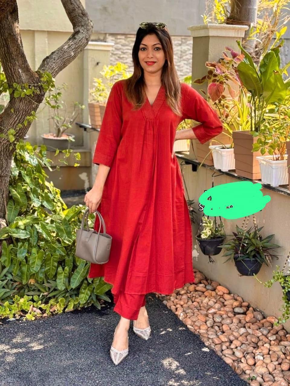 Women's Cotton Plain A-Line Straight Kurti With Pant
