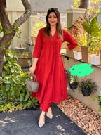 Women's Cotton Plain A-Line Straight Kurti With Pant