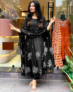 Women's Cotton Embroidery Floral Printed Long Straight Kurti With Pant And Dupatta Set