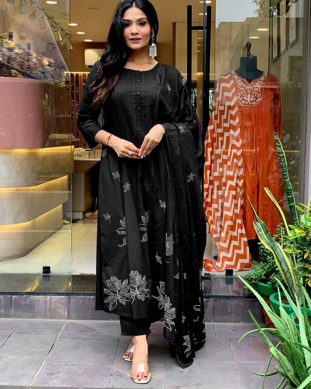 Women's Cotton Embroidery Floral Printed Long Straight Kurti With Pant And Dupatta Set