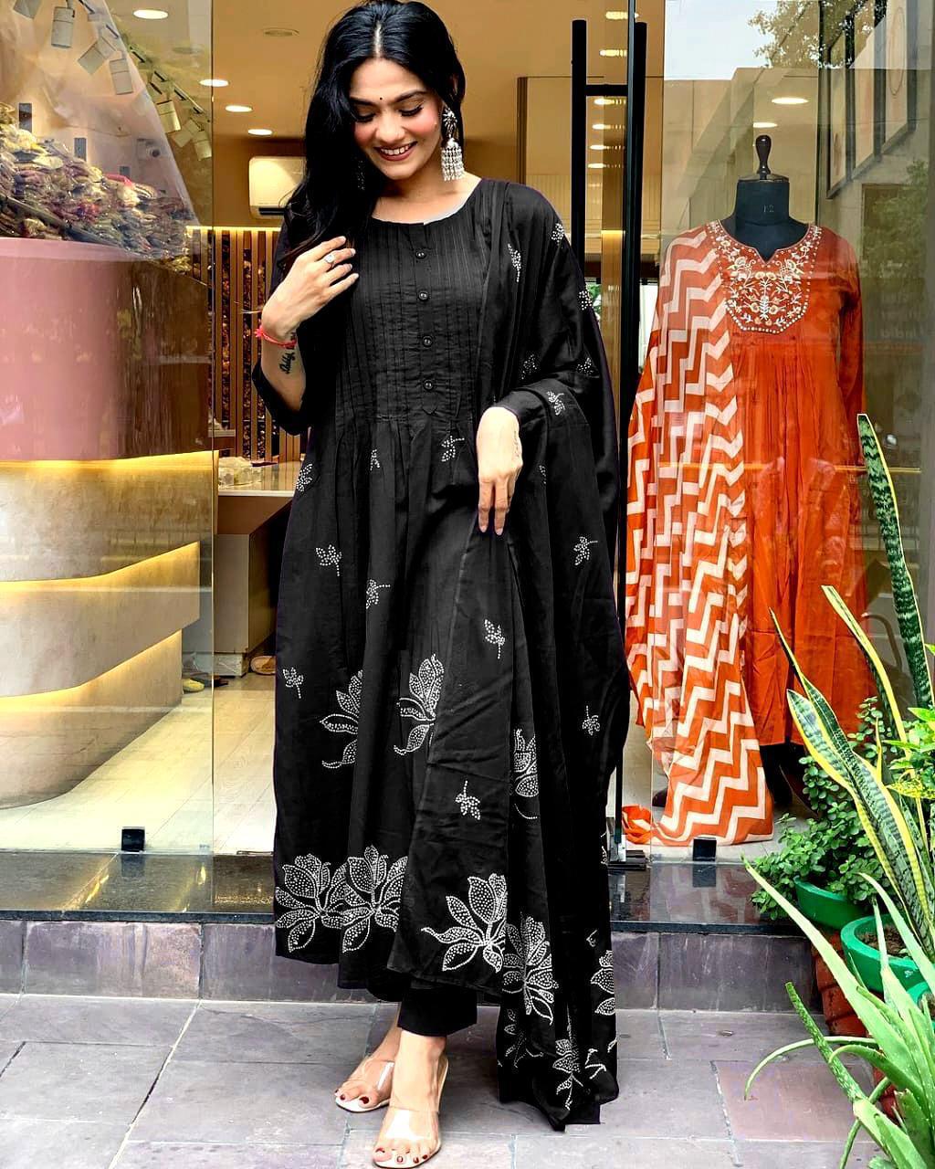 Women's Cotton Embroidery Floral Printed Long Straight Kurti With Pant And Dupatta Set