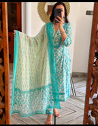 Women's Cotton Floral Printed Anazrkali Kurti with Pant & Dupatta Set