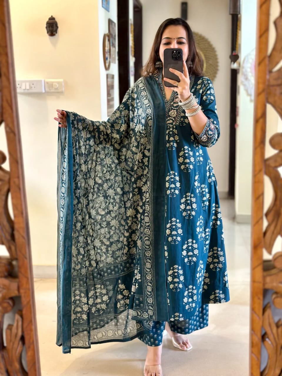 Women's Cotton Floral Printed Anazrkali Kurti with Pant & Dupatta Set