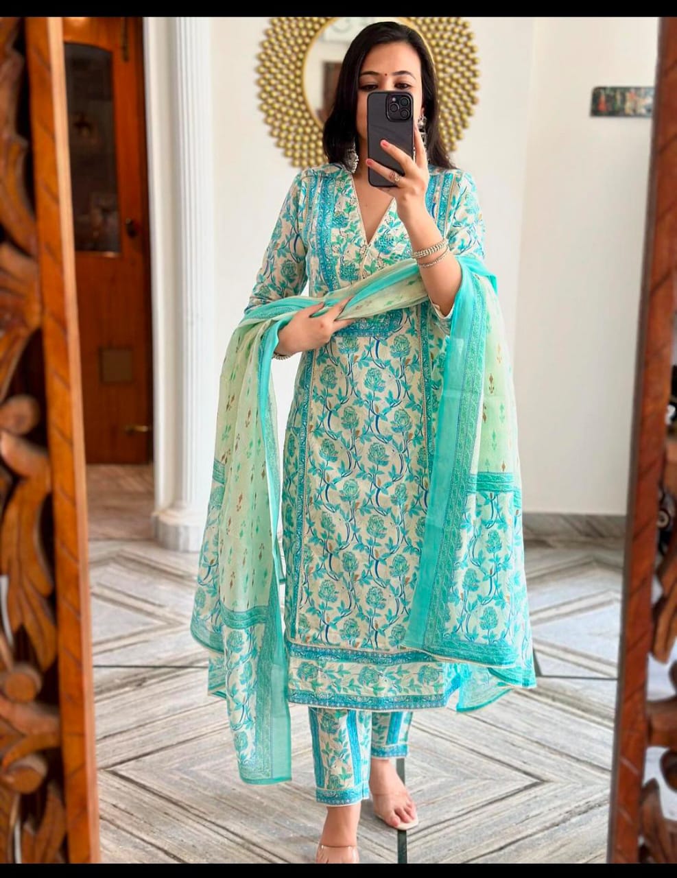 Women's Cotton Floral Printed Anazrkali Kurti with Pant & Dupatta Set