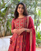 Women's Cotton Anarkali Embroidery Designer Long Anarkali Kurti With Pant and Dupatta Set
