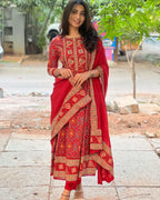 Women's Cotton Anarkali Embroidery Designer Long Anarkali Kurti With Pant and Dupatta Set