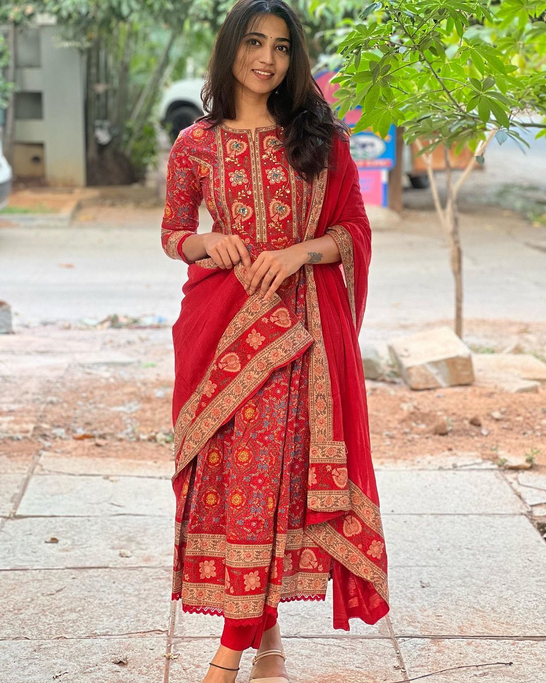 Women's Cotton Anarkali Embroidery Designer Long Anarkali Kurti With Pant and Dupatta Set