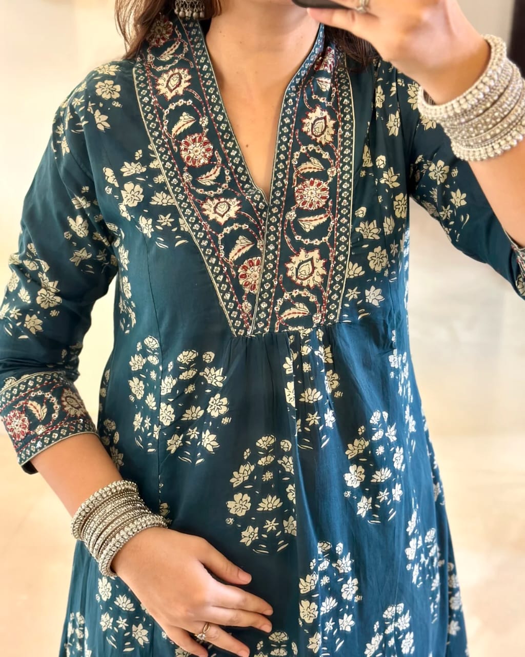 Women's Cotton Floral Printed Anazrkali Kurti with Pant & Dupatta Set