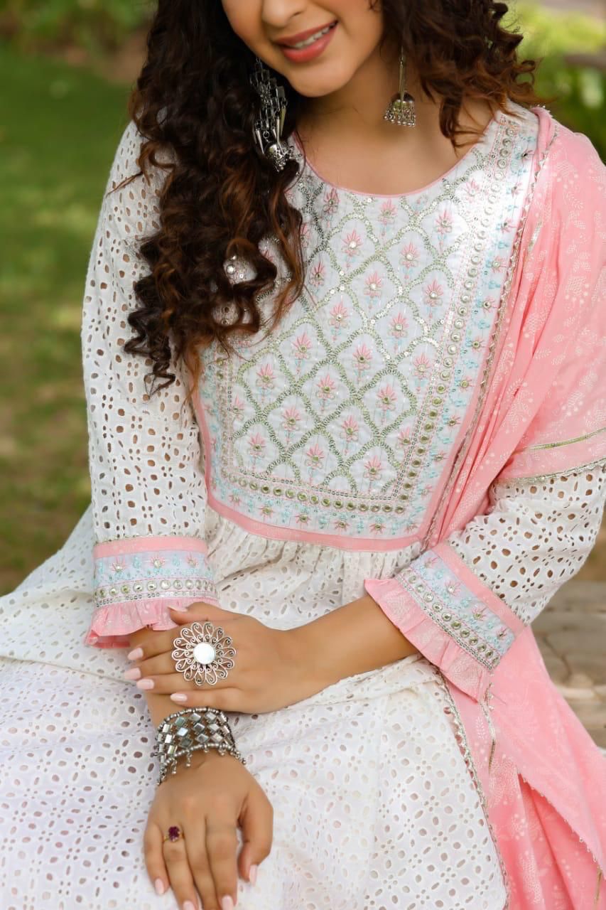 Women's Cotton Embroidered Nayra Cut Kurti With Pant and Dupatta Set