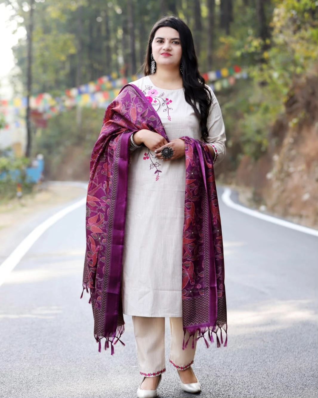Women's Cotton Floral Printed Straight Kurti with Pant and Dupatta Set