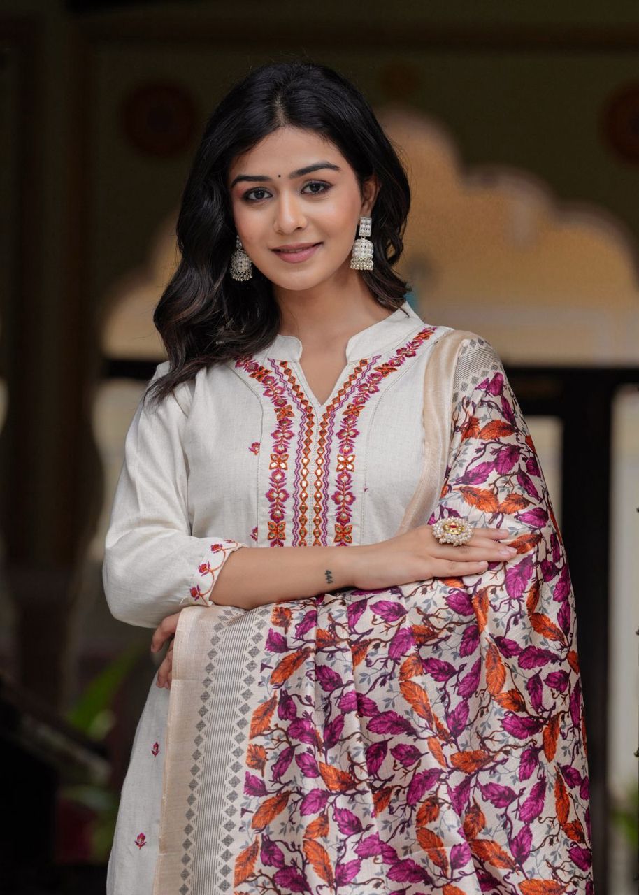 Women's Cotton Embroidered Straight Kurti With Pant and Dupatta Set