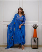 Women's Cotton Embroidered Long Anarkali Kurti With Pant and Dupatta Set