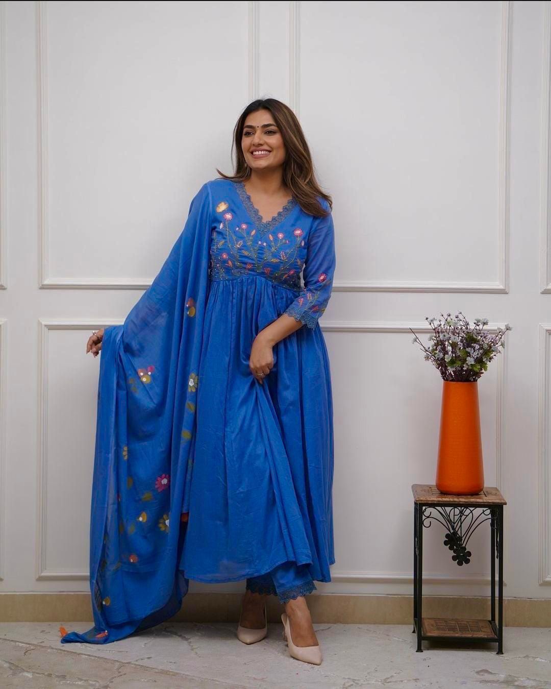 Women's Cotton Embroidered Long Anarkali Kurti With Pant and Dupatta Set