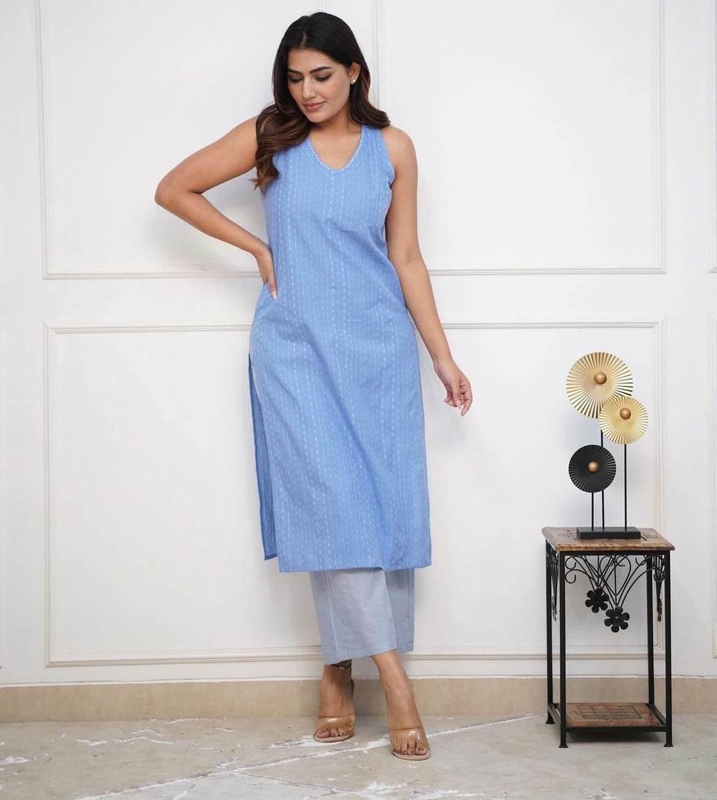 Women's Cotton Printed Sleeveless Straight Kurti With Pant Set