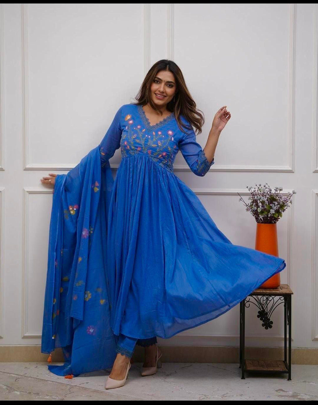 Women's Cotton Embroidered Long Anarkali Kurti With Pant and Dupatta Set