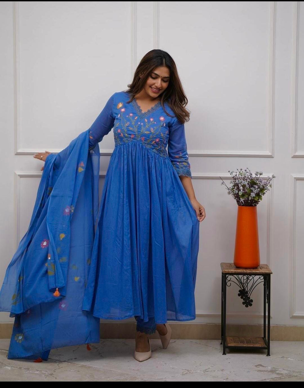 Women's Cotton Embroidered Long Anarkali Kurti With Pant and Dupatta Set