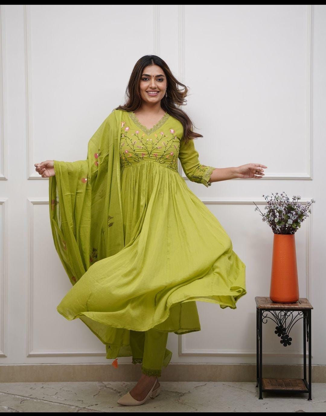 Women's Cotton Embroidered Long Anarkali Kurti With Pant and Dupatta Set