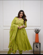 Women's Cotton Embroidered Long Anarkali Kurti With Pant and Dupatta Set