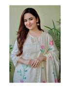 Women's Cotton Hand-Painted Chicken Shifli Straight Kurti With Pant and Mulmul Dupatta Set