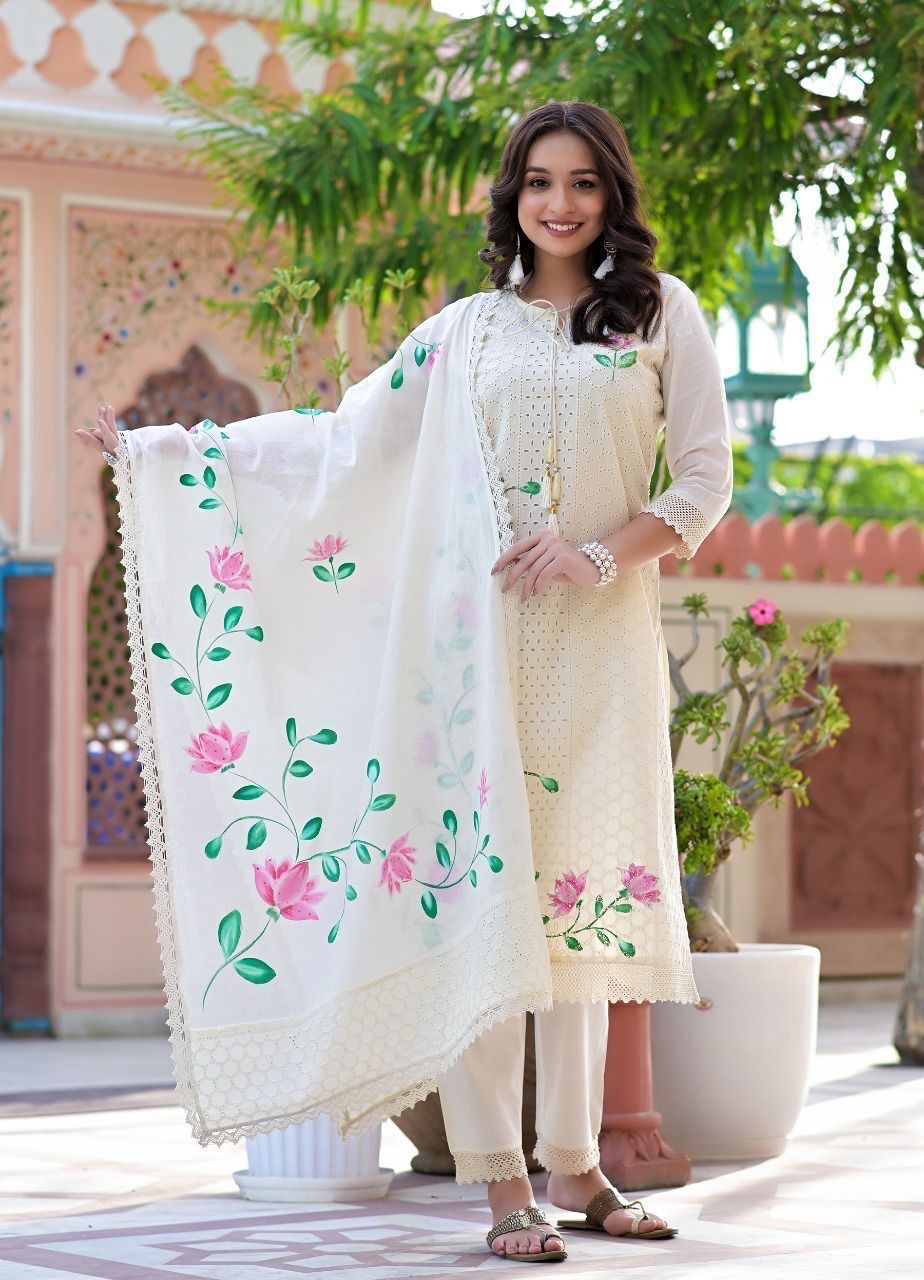 Women's Cotton Hand-Painted Chicken Shifli Straight Kurti With Pant and Mulmul Dupatta Set
