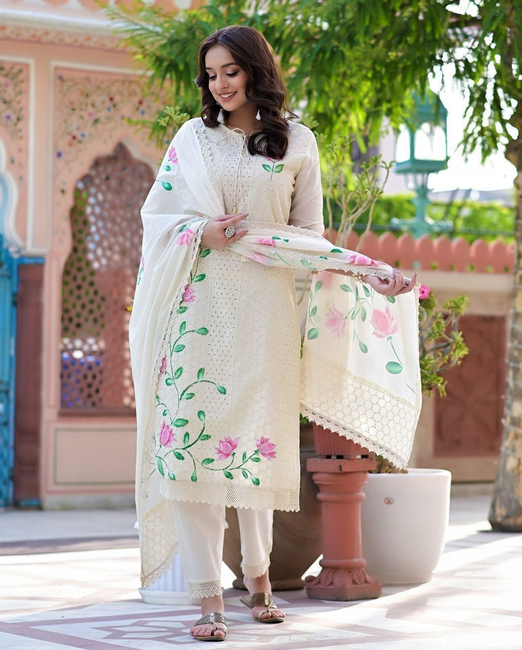 Women's Cotton Hand-Painted Chicken Shifli Straight Kurti With Pant and Mulmul Dupatta Set