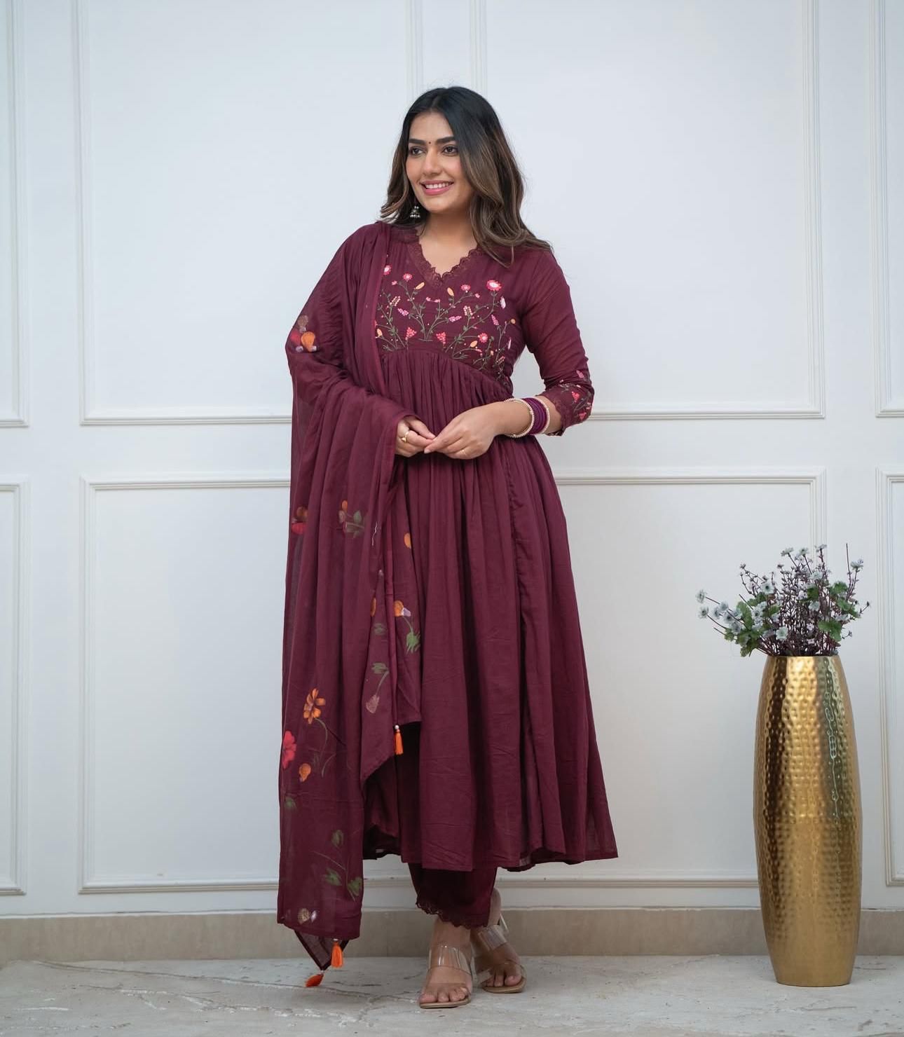 Women's Cotton Embroidered Long Anarkali Kurti With Pant and Dupatta Set