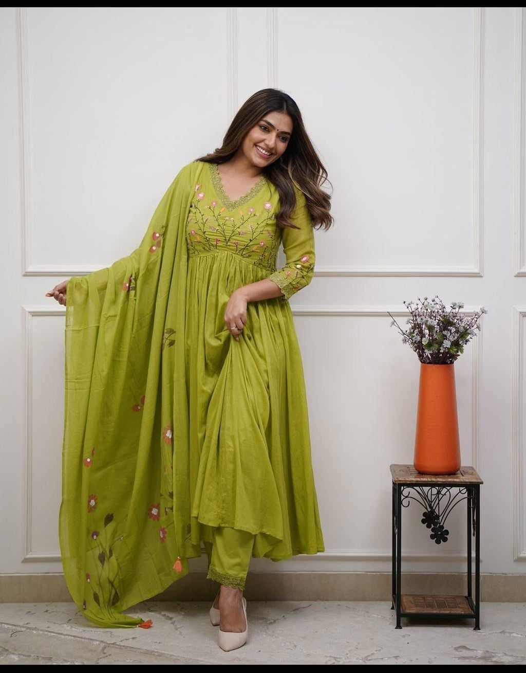 Women's Cotton Embroidered Long Anarkali Kurti With Pant and Dupatta Set