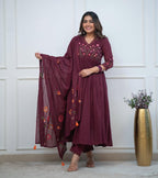 Women's Cotton Embroidered Long Anarkali Kurti With Pant and Dupatta Set