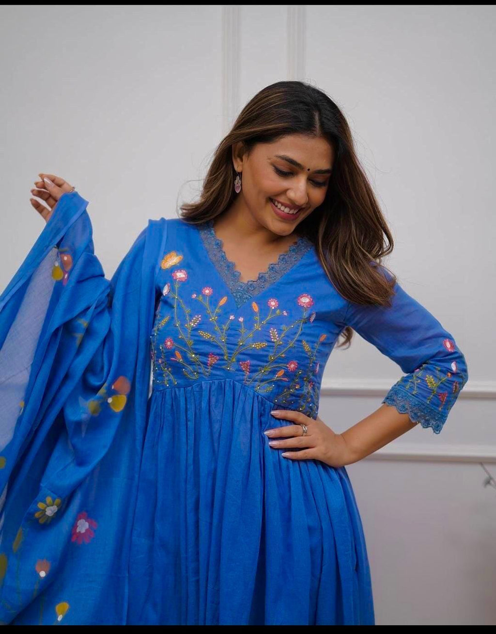 Women's Cotton Embroidered Long Anarkali Kurti With Pant and Dupatta Set