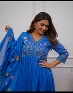 Women's Cotton Embroidered Long Anarkali Kurti With Pant and Dupatta Set